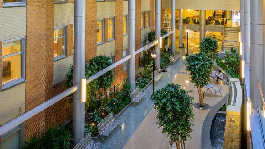 inside atrium with benches at Wilmington hospital