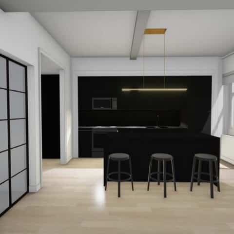rendering of black kitchen with island at 101 dupont place wilmington de