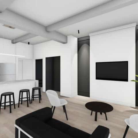 rendering of white kitchen and living room at 101 dupont place wilmington de
