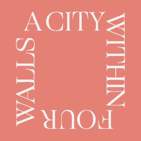 A City Within Four Walls pink card with white text