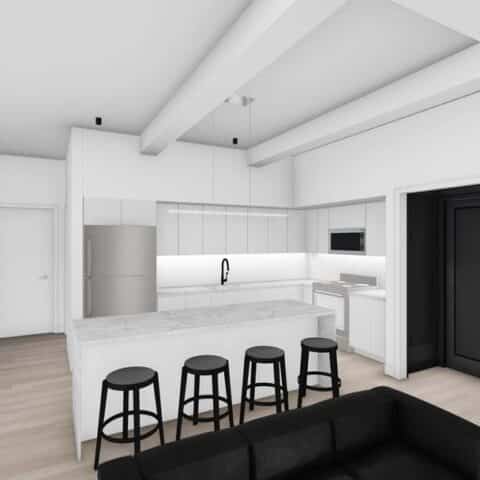 rendering of white kitchen with island at 101 dupont place wilmington de