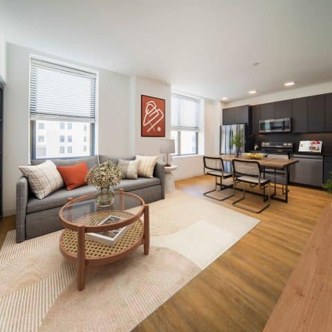 1 bedroom apartment at 101 dupont place. Kitchen featured matte black cabinetry, stainless steel appliances, and overhead lighting. The livingroom contains a gray couch with cozy white and burnt orange pillows. A large rug is in the center of the room with a circular coffee table.
